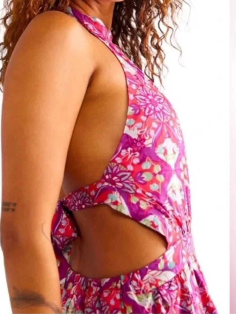 Free People Coral Tides Floral Pattern High Waisted Halter Romper Onepiece